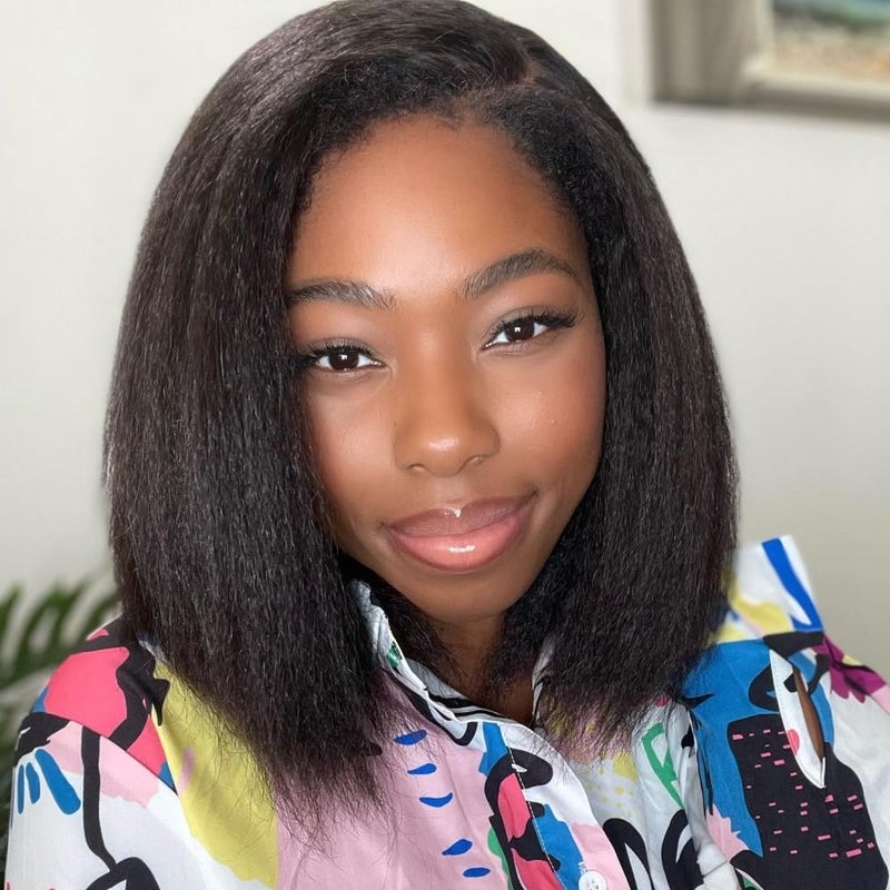 FENJUN HAIR Glueless Kinky Straight Bob Wigs Human Hair with Baby Hair Pre plucked HD Lace Frontal Yaki Straight Lace Front Wigs for Black Women 150 14 Inch Middle Parting