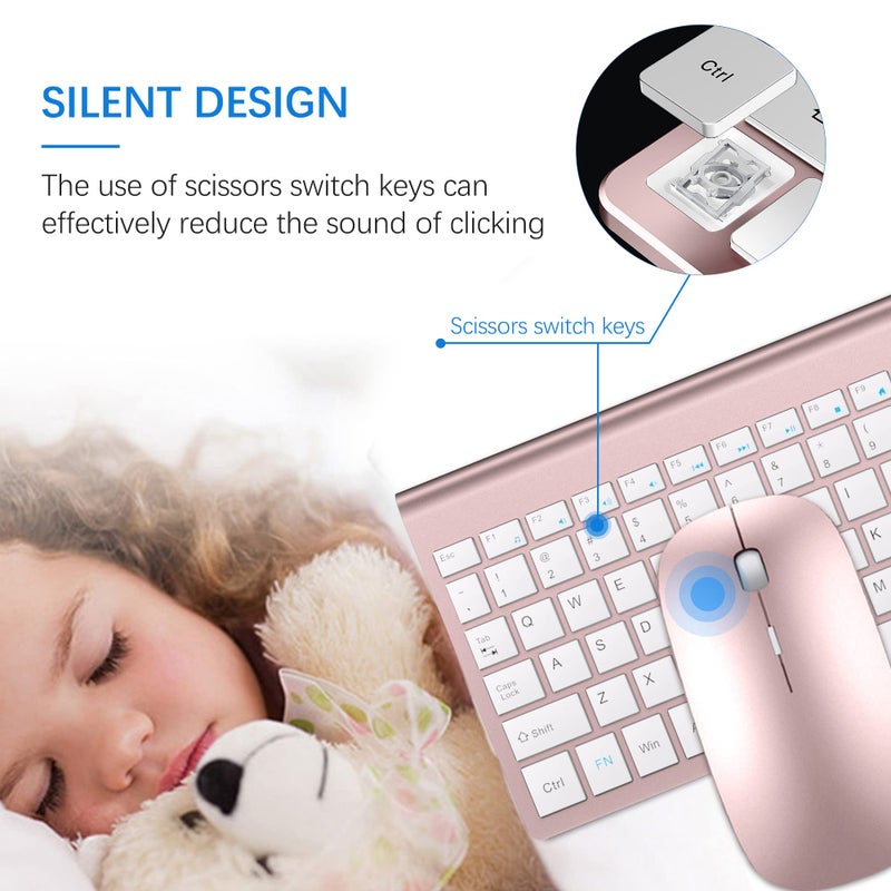TopMate Wireless Keyboard and Mouse Ultra Slim Combo, TopMate 2.4G Silent Compact USB 2400DPI Mouse and Scissor Switch Keyboard Set with Cover, Batteries Included, for PC/Laptop/Windows/Mac - Rose Gold White - Image 2