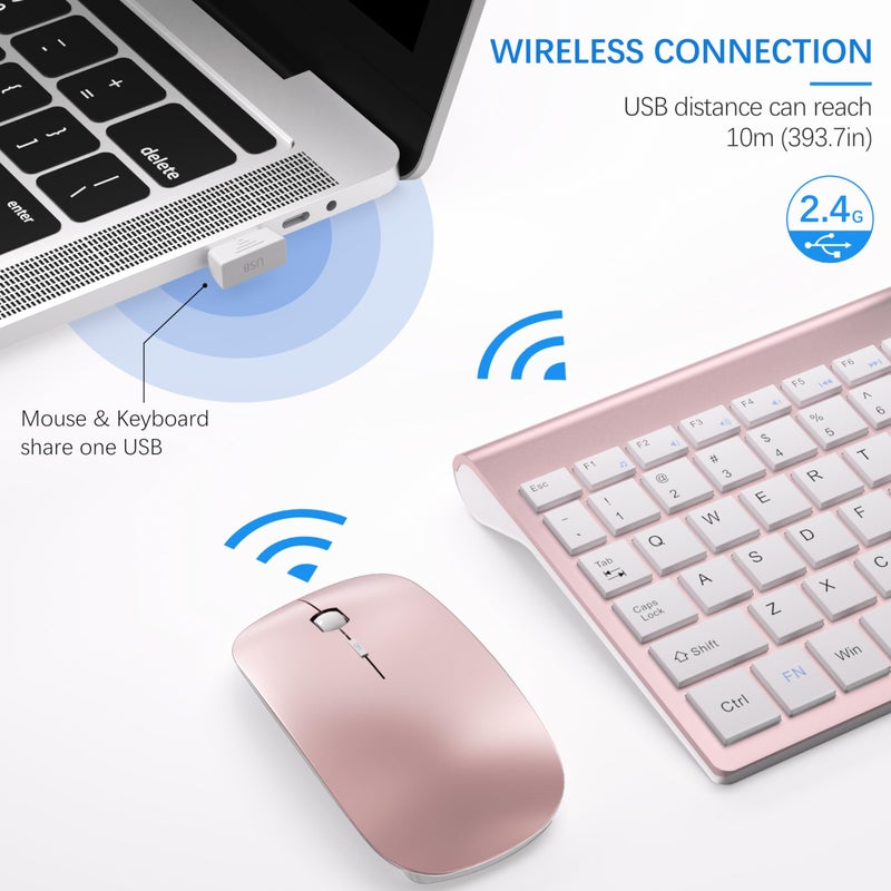 TopMate Wireless Keyboard and Mouse Ultra Slim Combo, TopMate 2.4G Silent Compact USB 2400DPI Mouse and Scissor Switch Keyboard Set with Cover, Batteries Included, for PC/Laptop/Windows/Mac - Rose Gold White - Image 3