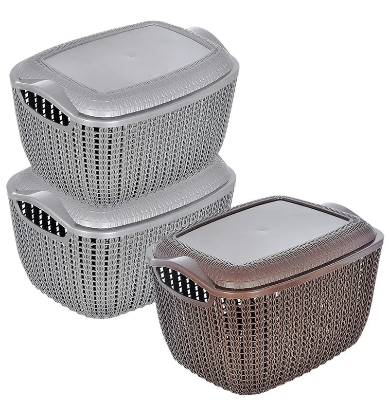 Kuber Industries Multiuses Large M 30 Plastic Basket/Organizer With Lid- Pack of 3 (Grey & Brown & Grey) -46KM025 - Image 1