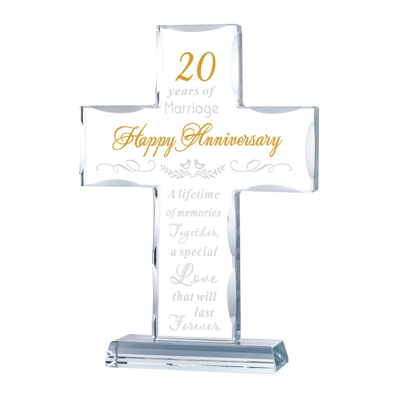 YWHL 20th Anniversary Religious Gifts for Couple Laser Engraved Glass Standing Cross Keepsake for Him 20 Years Wedding Anniversary Cross Gifts for Her
