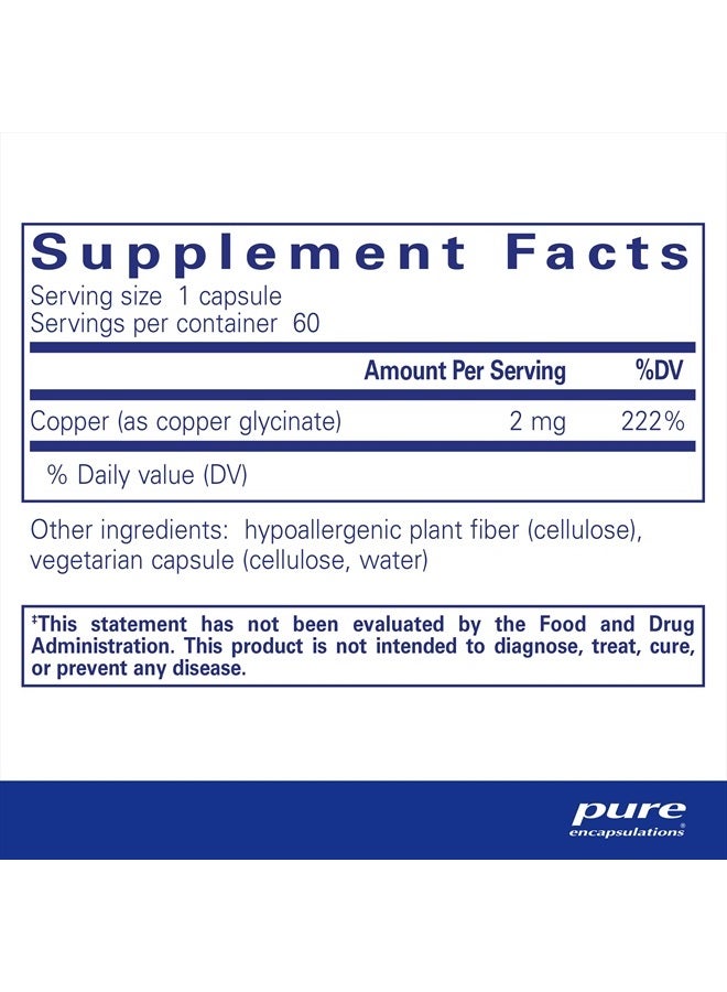 Pure Encapsulations مكمل نحاس جليسينات 60 كبسولة - 2 ملغ من النحاس، يدعم تكوين خلايا الدم الحمراء* - يساعد في عملية الأيض للطاقة - غير معدّل وراثيًا ونباتي - 60 كبسولة - Image 2