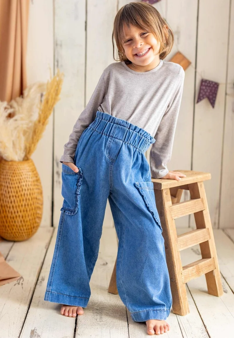 Cigit Ruffle Pocket Loose Cut Jeans 2-7 Years Blue