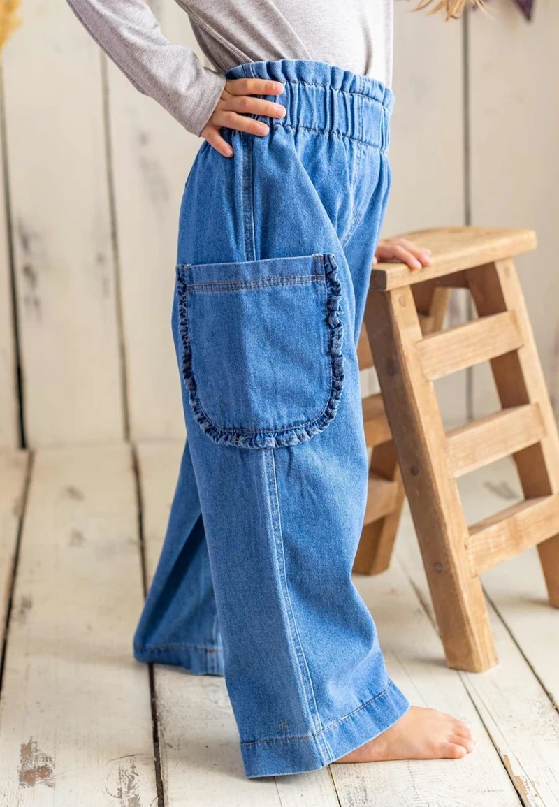 Cigit Ruffle Pocket Loose Cut Jeans 2-7 Years Blue