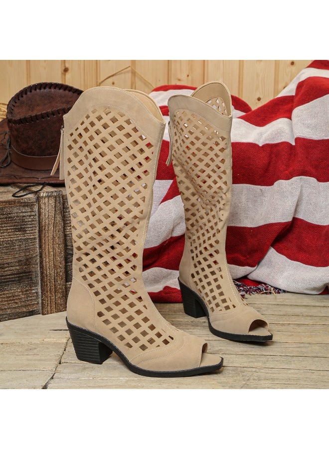 Hollow-out British-style High-top Mid-heel Open-toe Back Zipper Retro Plus Size Riding Boots For Women, New Summer Style