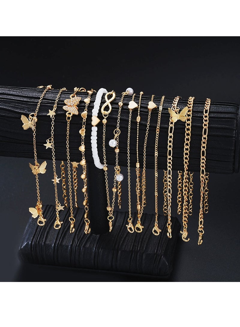 مجموعة من 14 قطعة من أساور الكاحل على شكل قلب على شكل فراشة للشاطئ والترفيه على الموضة وزينة للقدم على شكل قلب خوخي - Image 1