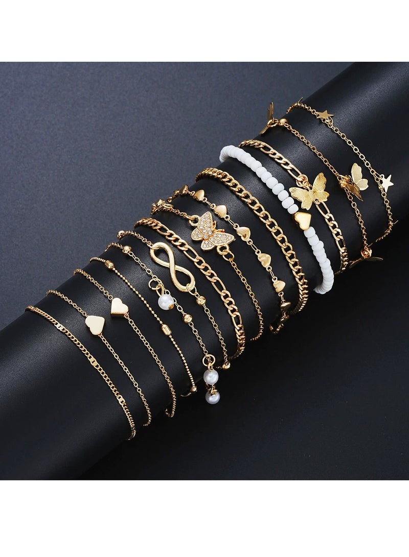 مجموعة من 14 قطعة من أساور الكاحل على شكل قلب على شكل فراشة للشاطئ والترفيه على الموضة وزينة للقدم على شكل قلب خوخي - Image 3