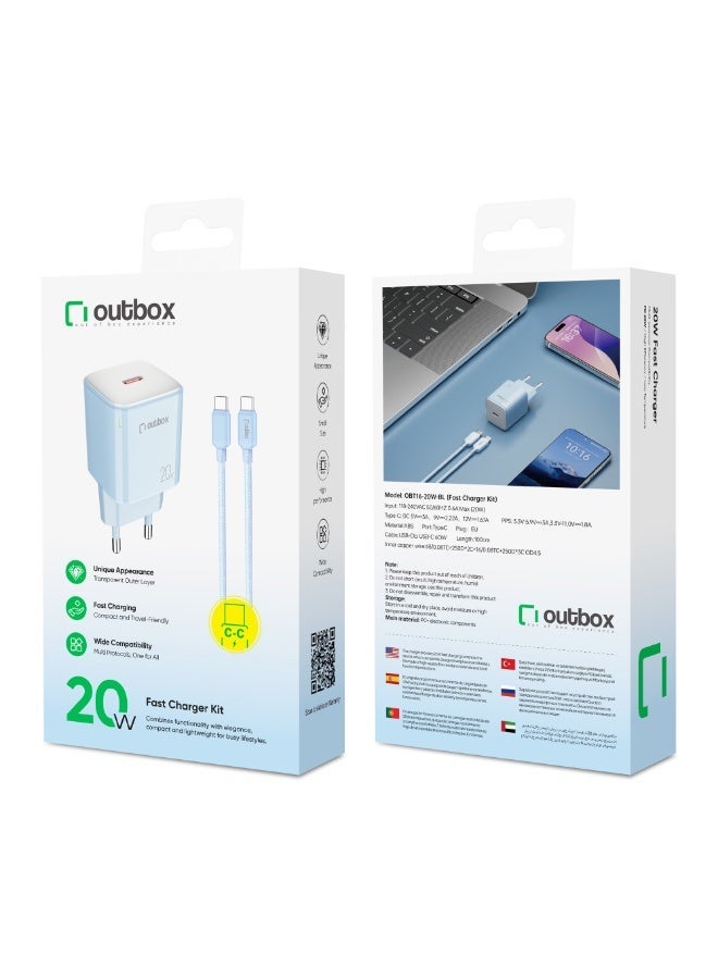 أوت بوكس شاحن Outbox السريع بقوة 20 واط مع كابل USB-C، شاحن حائط ثنائي المنافذ USB-C + USB-A، شحن سريع بتقنيتي PD وPPS، قابس أوروبي عالمي، متوافق مع جميع أجهزة USB-C وUSB-A - أزرق - Image 2