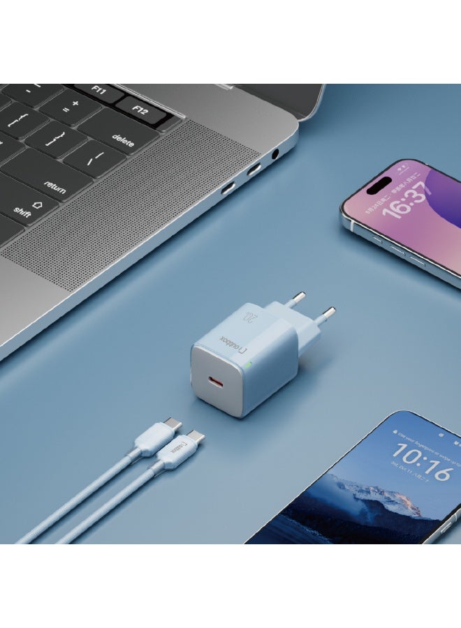 أوت بوكس شاحن Outbox السريع بقوة 20 واط مع كابل USB-C، شاحن حائط ثنائي المنافذ USB-C + USB-A، شحن سريع بتقنيتي PD وPPS، قابس أوروبي عالمي، متوافق مع جميع أجهزة USB-C وUSB-A - أزرق - Image 3