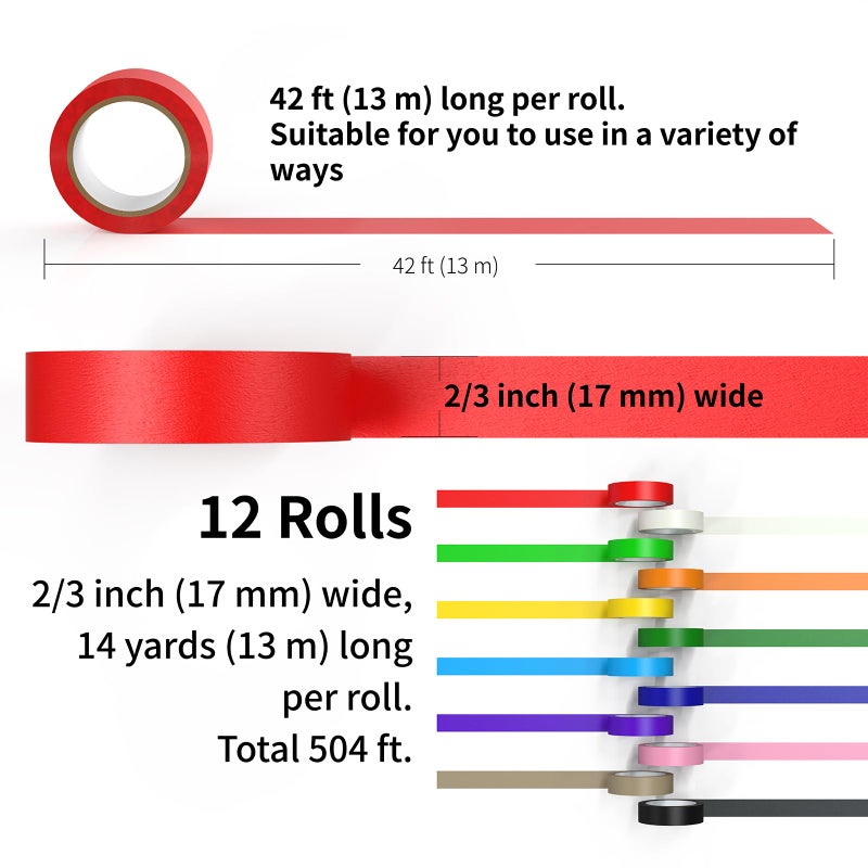 CHIYUNS Colored Masking Tape, Color Painters Tape for Kids, 12 Rolls 2/3 inch Wide x 14 Yards Each, Colorful Paper Tapes Rainbow Colors for Labeling Packing, Painter Tape Variety Pack, Craft Tape - Image 2