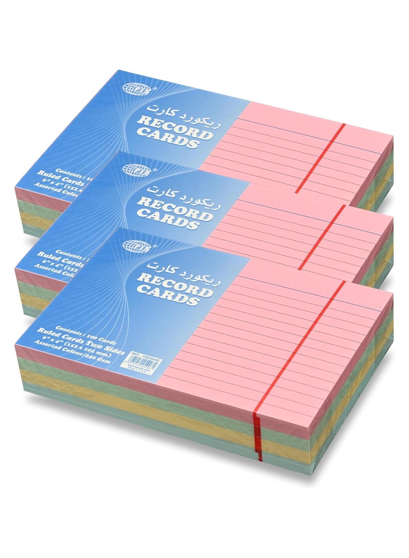 FIS بطاقات تسجيل FIS® ذات خطوط أو بطاقات فهرسة، الحجم: 6"x4" بوصات (152x102 مم)، ذات خطوط مفردة على الجانبين، 240 جرام/متر مربع، 100 ورقة لكل عبوة، عبوة من 3 قطع، 4 ألوان متنوعة - FSIC644C-3 - Image 1