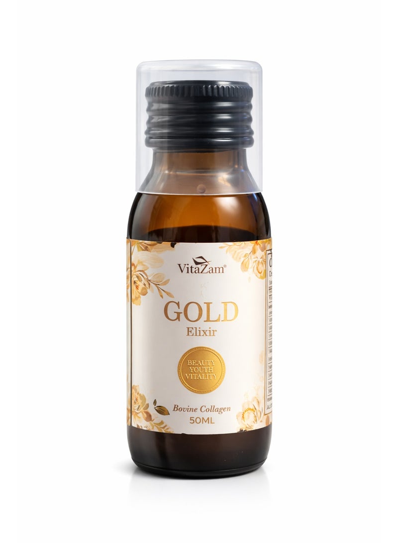 Gold Elixir: Premium 10,000 mg Bovine Collagen Liquid with Hyaluronic Acid, Silica, Biotin, Vitamin C & B12 for Healthy Skin, Hair, Nails, and Joints - Ideal for Women & Men 50ml - Image 1