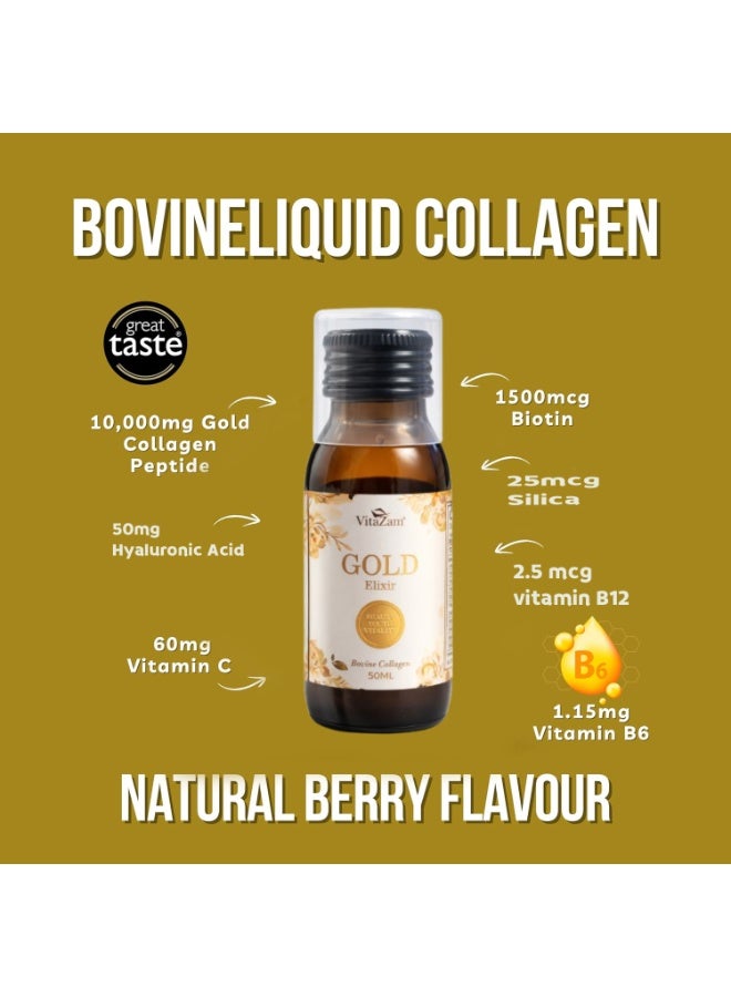 Gold Elixir: Premium 10,000 mg Bovine Collagen Liquid with Hyaluronic Acid, Silica, Biotin, Vitamin C & B12 for Healthy Skin, Hair, Nails, and Joints - Ideal for Women & Men 50ml - Image 3
