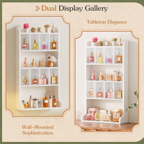 Keebofly Perfume Organizer Wall Mount & Large Cologne Display Case - Wooden Multi-Tier Trinket Shelf for Fragrances, Collectibles, Figures, Miniatures, Cosmetics and Shot Glasses, White - Image 4