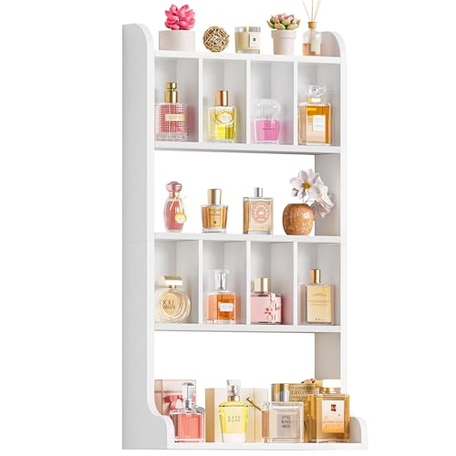 Keebofly Perfume Organizer Wall Mount & Large Cologne Display Case - Wooden Multi-Tier Trinket Shelf for Fragrances, Collectibles, Figures, Miniatures, Cosmetics and Shot Glasses, White - Image 1