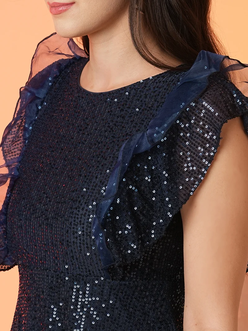 globus Globus Women Blue Embellished Flutter Sleeve Ruffles Peplum Party Top