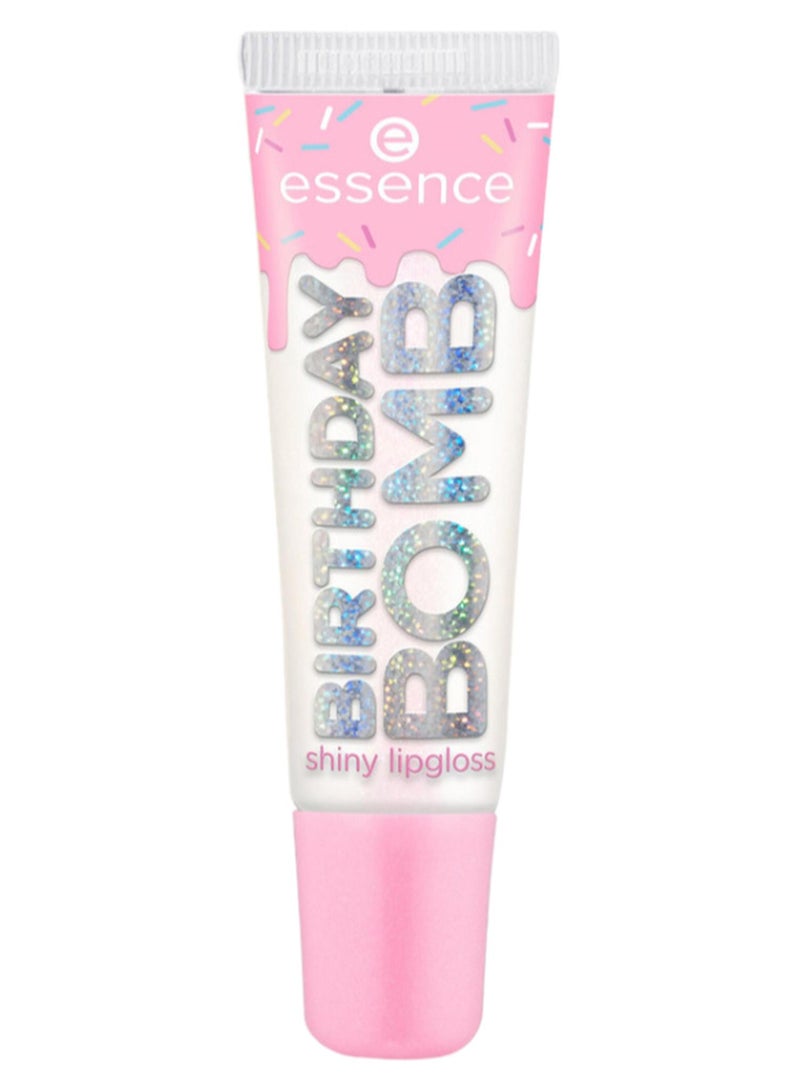 Essence Birthday Bomb Shiny Lip Gloss | 01 Cake My Day | Transparent Gloss with Pink Shimmer | Non Sticky | Vegan | Paraben & Microplastic Free | Radiant Fresh Natural Look | 10ml Cake My Day - Image 1