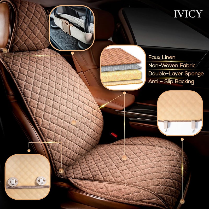 IVICY غطاء مقعد سيارة من الكتان IVICY HYB LN باللون البني لجميع الفصول ناعم وقابل للتنفس أغطية أمامية ممتازة مع حماية مانعة للانزلاق تناسب معظم السيارات - وحدة واحدة - Image 2