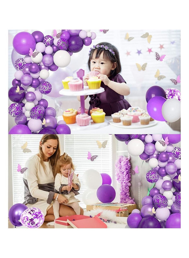 SYOSI Purple Balloons Garland Arch Kit,124 Pcs Purple Confetti Latex Metallic Balloons with Paper Butterfly for Women Birthday Baby Shower Wedding Party Decorations Supplies with 4Pcs Balloon Tools - Image 3