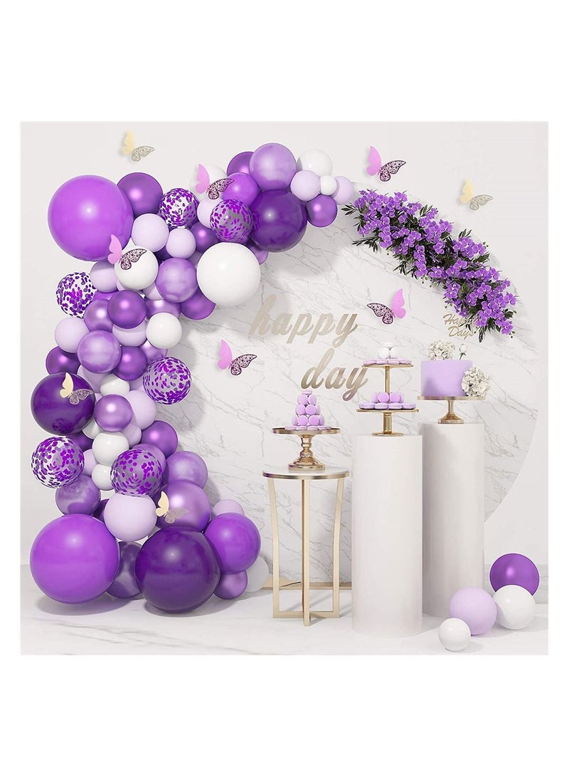 SYOSI Purple Balloons Garland Arch Kit,124 Pcs Purple Confetti Latex Metallic Balloons with Paper Butterfly for Women Birthday Baby Shower Wedding Party Decorations Supplies with 4Pcs Balloon Tools - Image 1