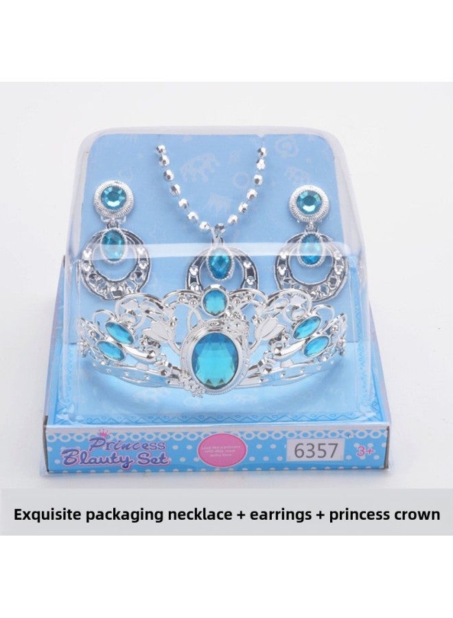 Korean Girl Jewelry Children's Toy Set Boxed Hair Accessories Earrings Necklace Children Princess Crown DIY-Color:Blue  - Image 1