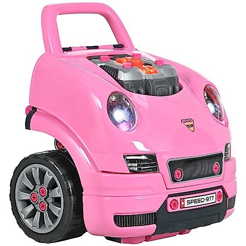Qaba Truck Engine Toy Kids Mechanic Set with Lights Sounds Steering Wheel and Horn Pretend Car Service Station Play with 61Piece Included Toy Engine Building Kit for Kids Aged 3 Pink - Image 1