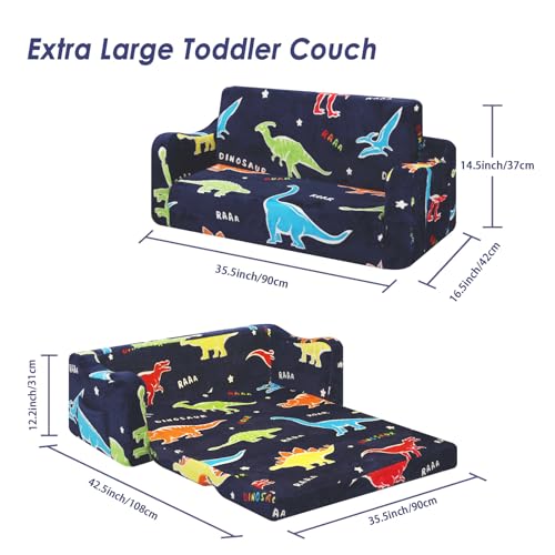 alldomess Kids Couch Extra LargeGlow in the Dark 2in1 Folding Kids Sofa Bed for Boys2 Seats Convertible Sleeper Lounger Toddler Couch for Children Bedroom Playroom NurseryDinosaur - Image 3