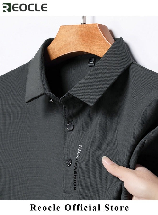 REOCLE Men's Polo Shirt Thin Breathable Short Sleeve Tops Turn-Down Collar Solid Regular Work Business Polo Shirt - Image 4