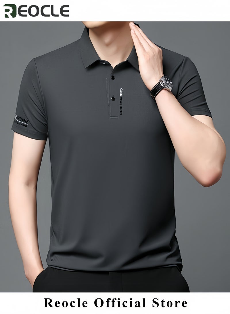 REOCLE Men's Polo Shirt Thin Breathable Short Sleeve Tops Turn-Down Collar Solid Regular Work Business Polo Shirt - Image 3