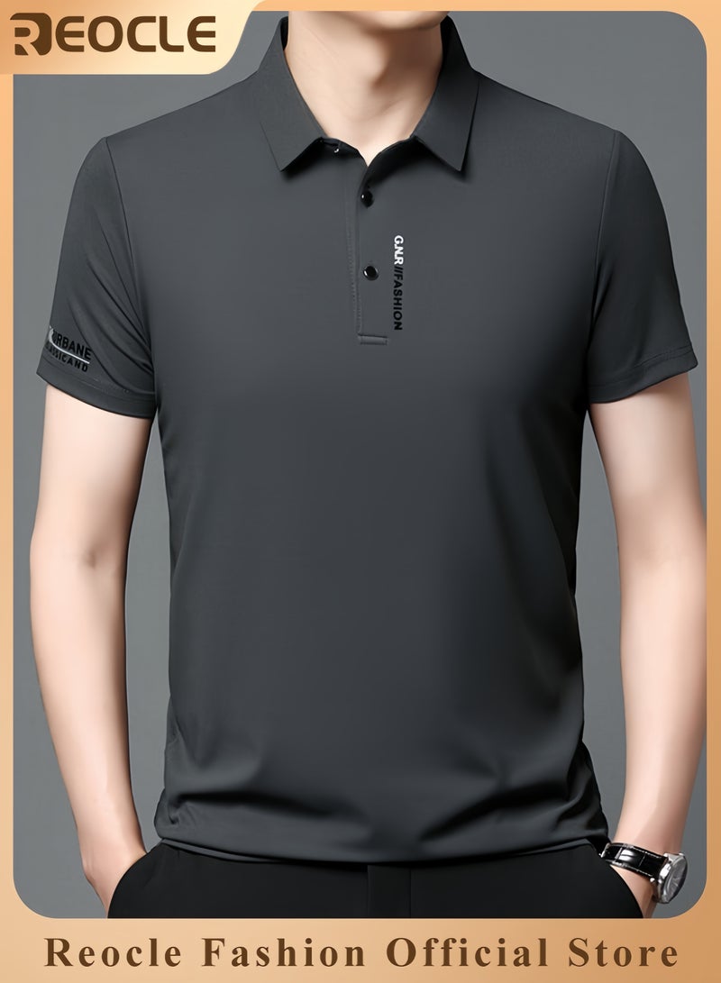 REOCLE Men's Polo Shirt Thin Breathable Short Sleeve Tops Turn-Down Collar Solid Regular Work Business Polo Shirt - Image 1