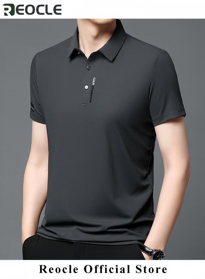 REOCLE Men's Polo Shirt Thin Breathable Short Sleeve Tops Turn-Down Collar Solid Regular Work Business Polo Shirt - Image 2