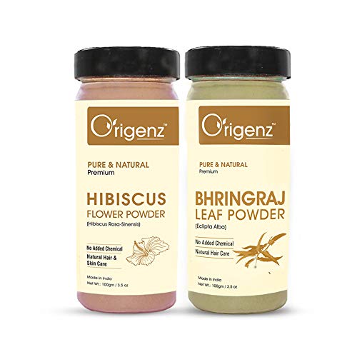 Origenz Natural Hair Care 2 Powders Combo 200 gm - Hibiscus and Bhringraj Powder for Mask, Pack, Anti-Dandruff, Shine | In Jar (100gm X 2) - Image 1