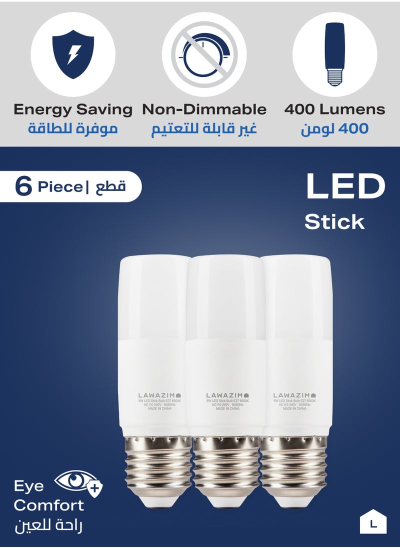 LAWAZIM 5W LED Stick E27 - 6 Piece 6500K Daylight - Energy Saving 35W Equivalent Non-Dimmable Lightbulbs with 400 Lumens and a Lifespan of 15,000 Hours - for Wall Sconces, Desk Lamps, and Garage Use  - Image 3