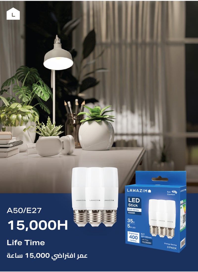 LAWAZIM 5W LED Stick E27 - 6 Piece 6500K Daylight - Energy Saving 35W Equivalent Non-Dimmable Lightbulbs with 400 Lumens and a Lifespan of 15,000 Hours - for Wall Sconces, Desk Lamps, and Garage Use  - Image 4