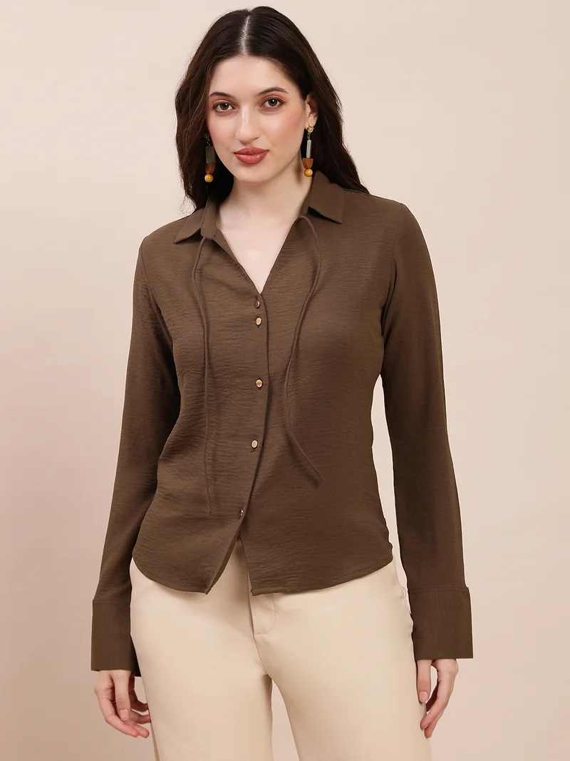 globus Globus Women Brown Collared Neck Cuffed Sleeves Self Design Tie-Up Detail Curved Hem Workwear Shirt