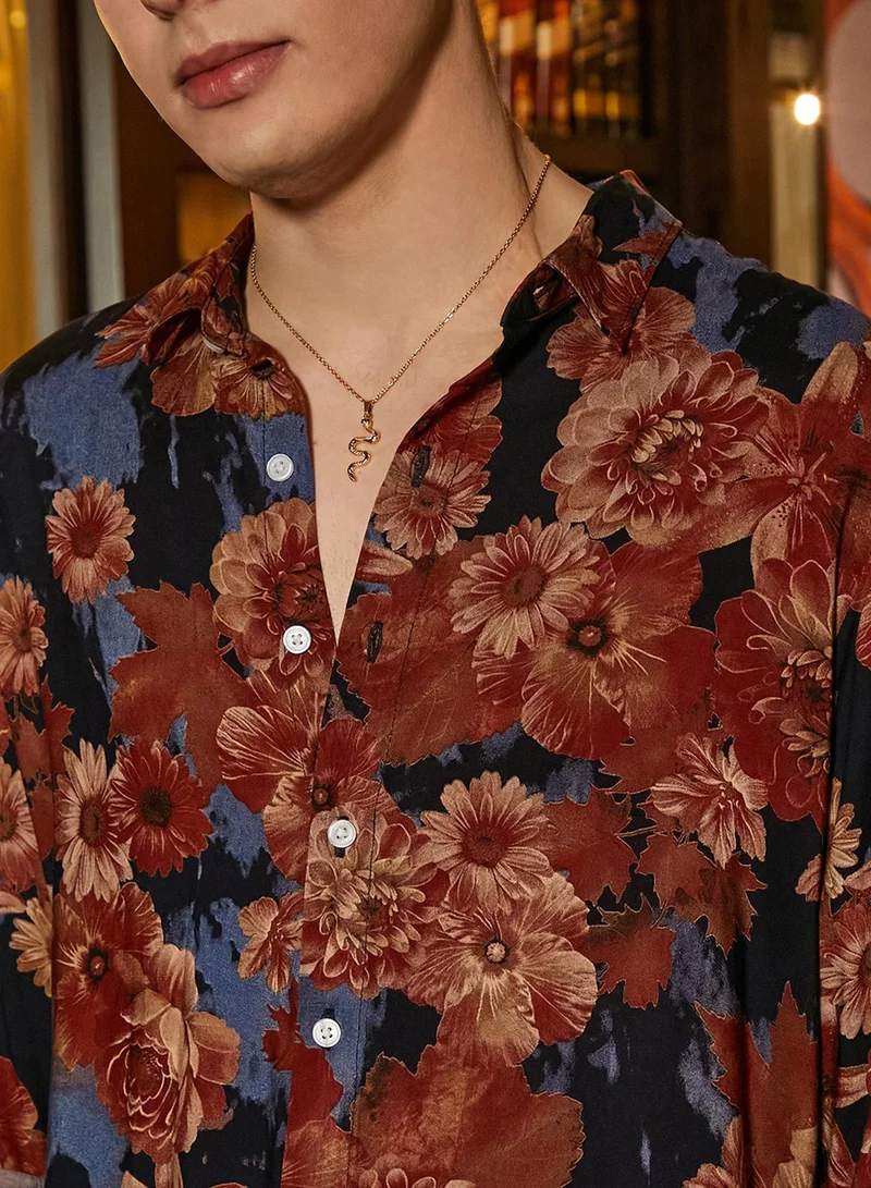 CAHOOT Multicolour Men's Chocolate Brown & Midnight Black Floral Overlap Shirt for Men | Best Price UAE