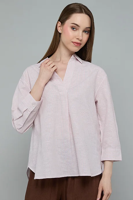 أر أند بي Striped Shirt with Spread Collar and 3/4 Sleeves
