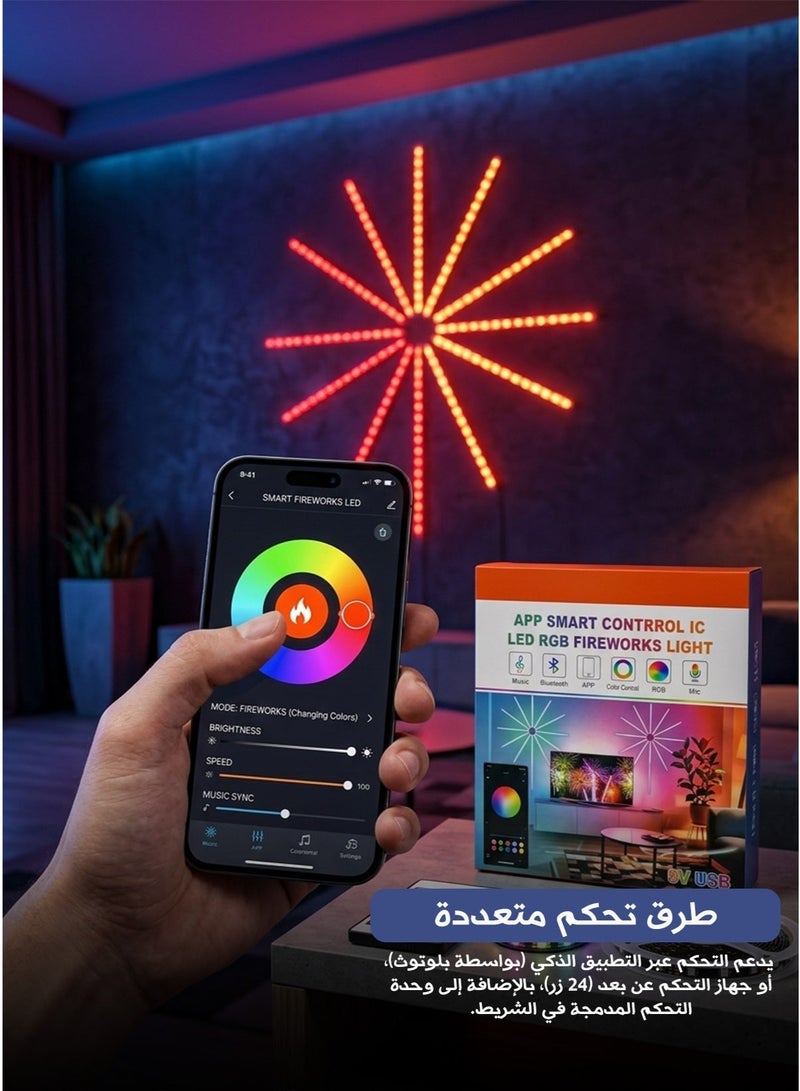 USB Powered RGB LED Strip – Smart Fireworks Effect, Bluetooth & App Control, Remote & Manual Control, Music Sync, Self-Adhesive, for Home & Party Decoration - Image 1