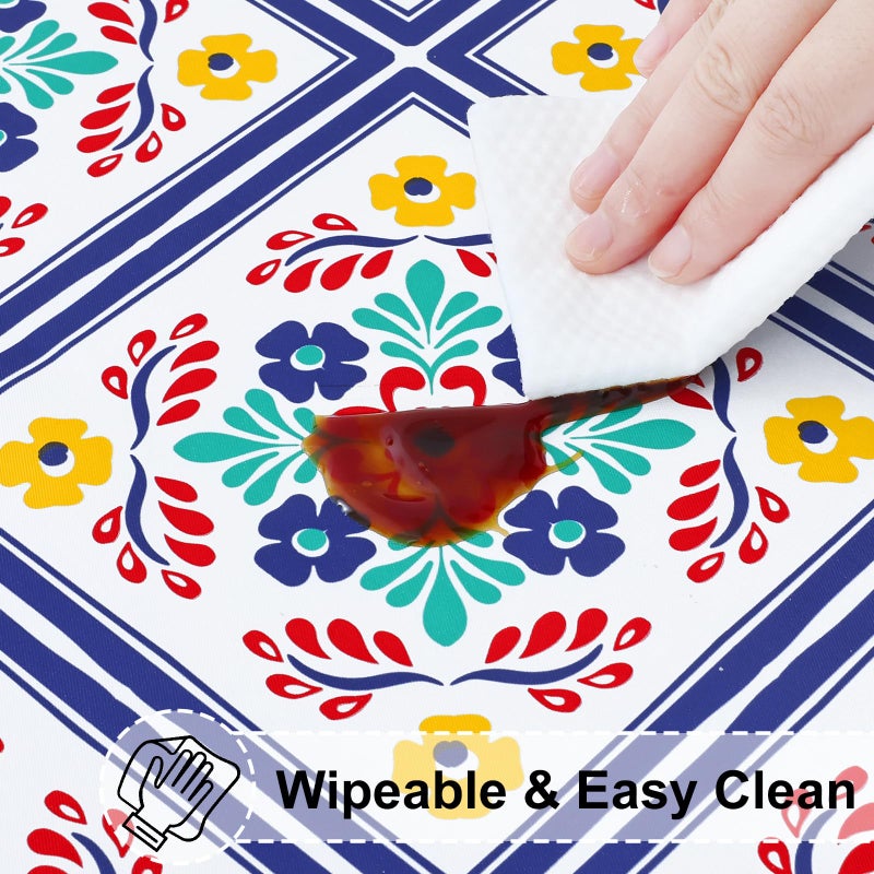 misaya Round Fitted Tablecloth with Elastic Edge, 100% Waterproof Oil Proof Plastic Table Cover, Vinyl Flannel Backed Tablecloth Fits 36"-44" Round Tables for Easter, Outdoor, Picnic, Geometric Flower - Image 4