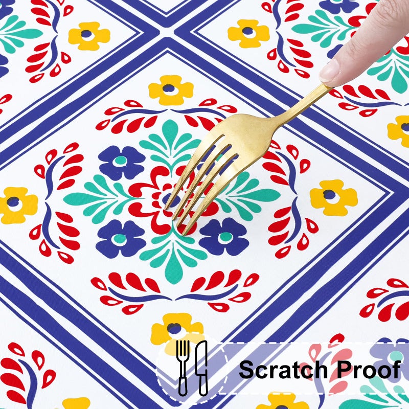 misaya Round Fitted Tablecloth with Elastic Edge, 100% Waterproof Oil Proof Plastic Table Cover, Vinyl Flannel Backed Tablecloth Fits 36"-44" Round Tables for Easter, Outdoor, Picnic, Geometric Flower - Image 5