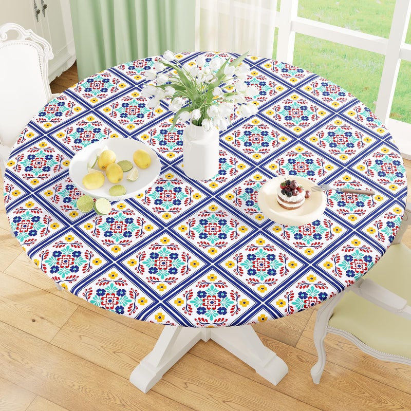 misaya Round Fitted Tablecloth with Elastic Edge, 100% Waterproof Oil Proof Plastic Table Cover, Vinyl Flannel Backed Tablecloth Fits 36"-44" Round Tables for Easter, Outdoor, Picnic, Geometric Flower - Image 1