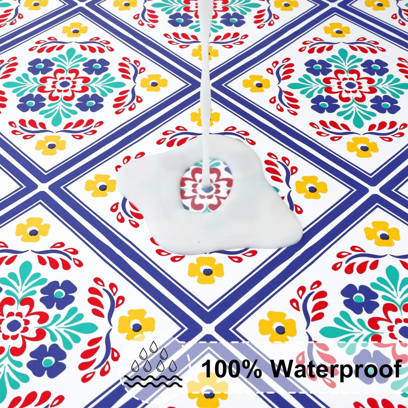 misaya Round Fitted Tablecloth with Elastic Edge, 100% Waterproof Oil Proof Plastic Table Cover, Vinyl Flannel Backed Tablecloth Fits 36"-44" Round Tables for Easter, Outdoor, Picnic, Geometric Flower - Image 3