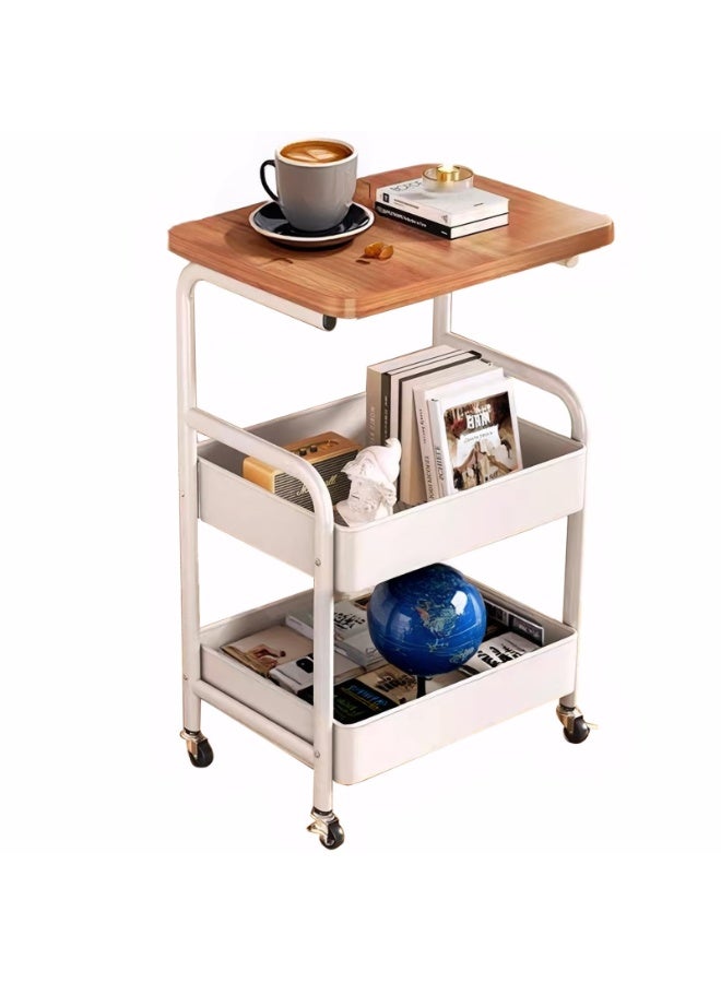ULHYC A three-tiered metal multi-functional trolley with a wooden surface and fixed wheel locks, suitable for small-space kitchen storage, office bookshelves, bedroom shelves, and bathroom storage. - Image 1