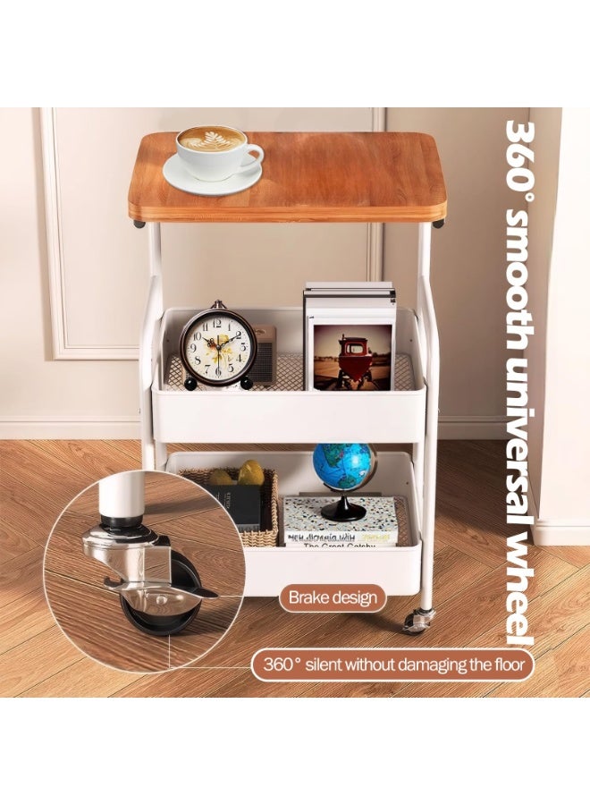 ULHYC A three-tiered metal multi-functional trolley with a wooden surface and fixed wheel locks, suitable for small-space kitchen storage, office bookshelves, bedroom shelves, and bathroom storage. - Image 4