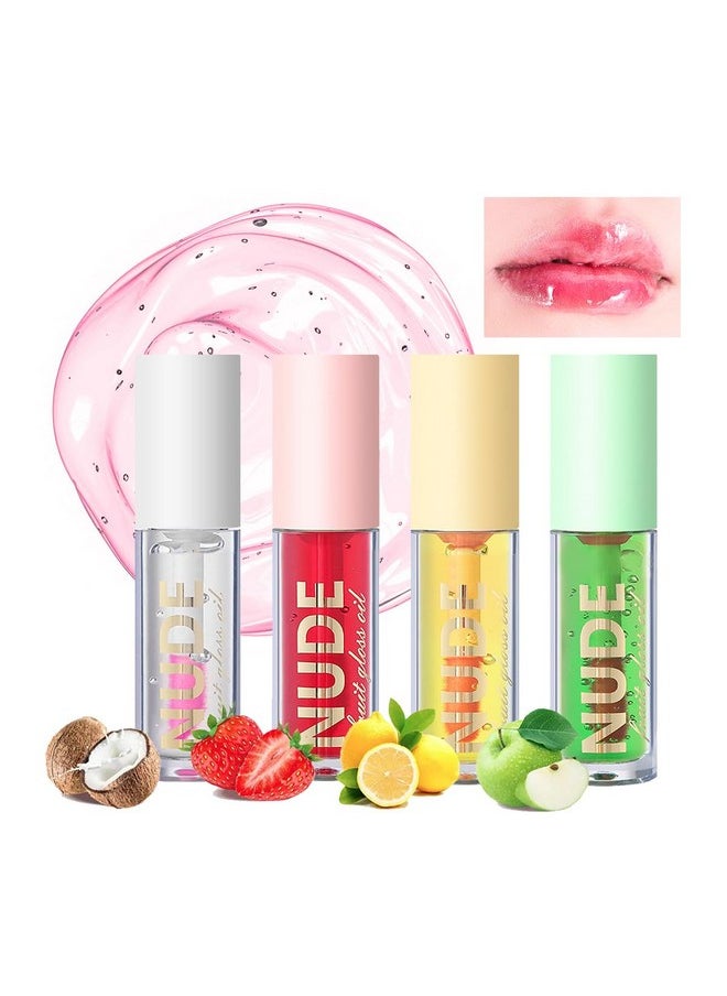 Aaiffey - 4 Pcs Plumping Lip Oil, Moisturizing Hydrating Lip Glow Oil Fruit Big Brush Head Lip Gloss Kit Smooth Glossy Finish Tinted Lip Balm, Nonsticky Fresh Texture - Image 1