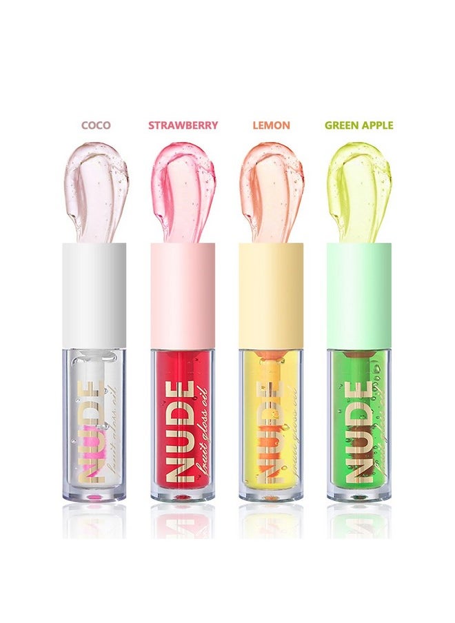 Aaiffey - 4 Pcs Plumping Lip Oil, Moisturizing Hydrating Lip Glow Oil Fruit Big Brush Head Lip Gloss Kit Smooth Glossy Finish Tinted Lip Balm, Nonsticky Fresh Texture - Image 1