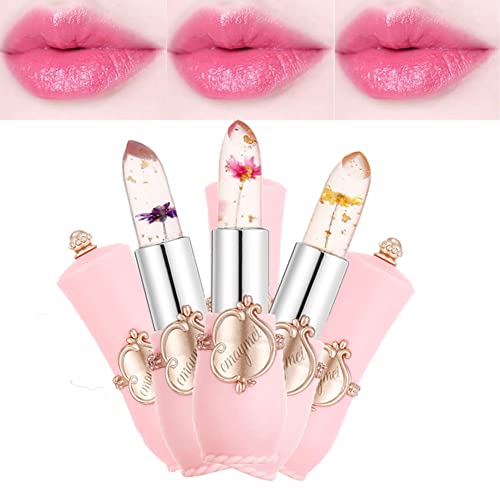 Pakivs 3Pcs Crystal Flower Jelly Lipstick SetMagic Temperature Color Change Lip Gloss Long Lasting Clear Nutritious Moisturizer Lip Balm Pink flower lipstick