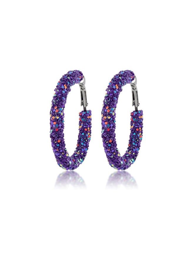Bohemian Glitter Hoop Earrings Sparkle Resin Rhinestone Hoop Dangle Earrings for Women Girls Round Circle Sequins Shiny Statement Earrings-Purple