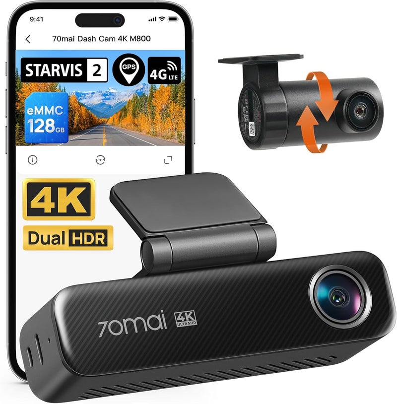 70mai M800 4K Dash Cam with Front and Rear Cameras, STARVIS 2 Night Vision, Dual HDR, 4G LTE, GPS, and 128GB Storage - Image 1