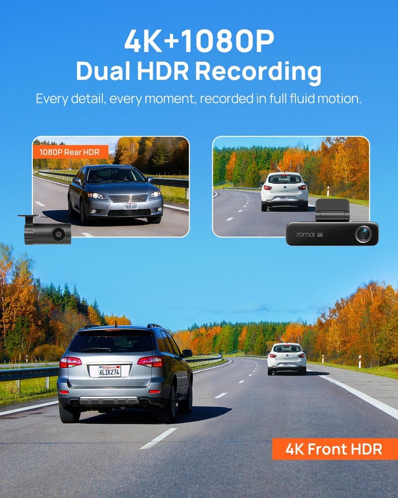 70mai M800 4K Dash Cam with Front and Rear Cameras, STARVIS 2 Night Vision, Dual HDR, 4G LTE, GPS, and 128GB Storage - Image 2